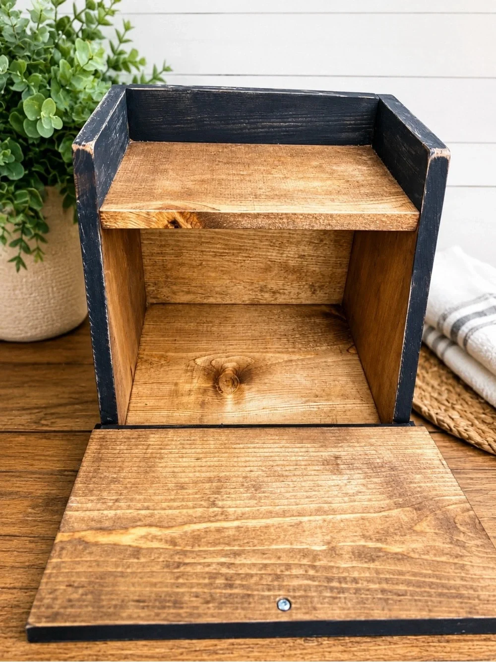 Rustic Black & Wood Bread Box - Country Kitchen Storage